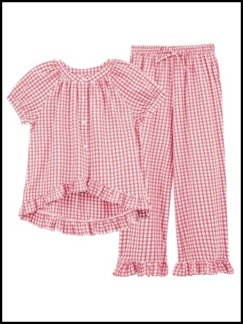 2 Piece Gingham Pajama Lounge Set Button Down Ruffle Cotton